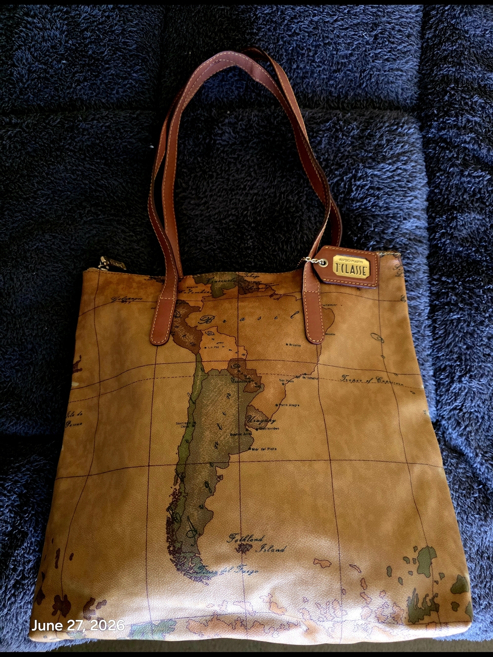 Alviero Martini Brown Map-Print Leather Tote